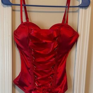 Red Satin Lace-Up Corset Top
